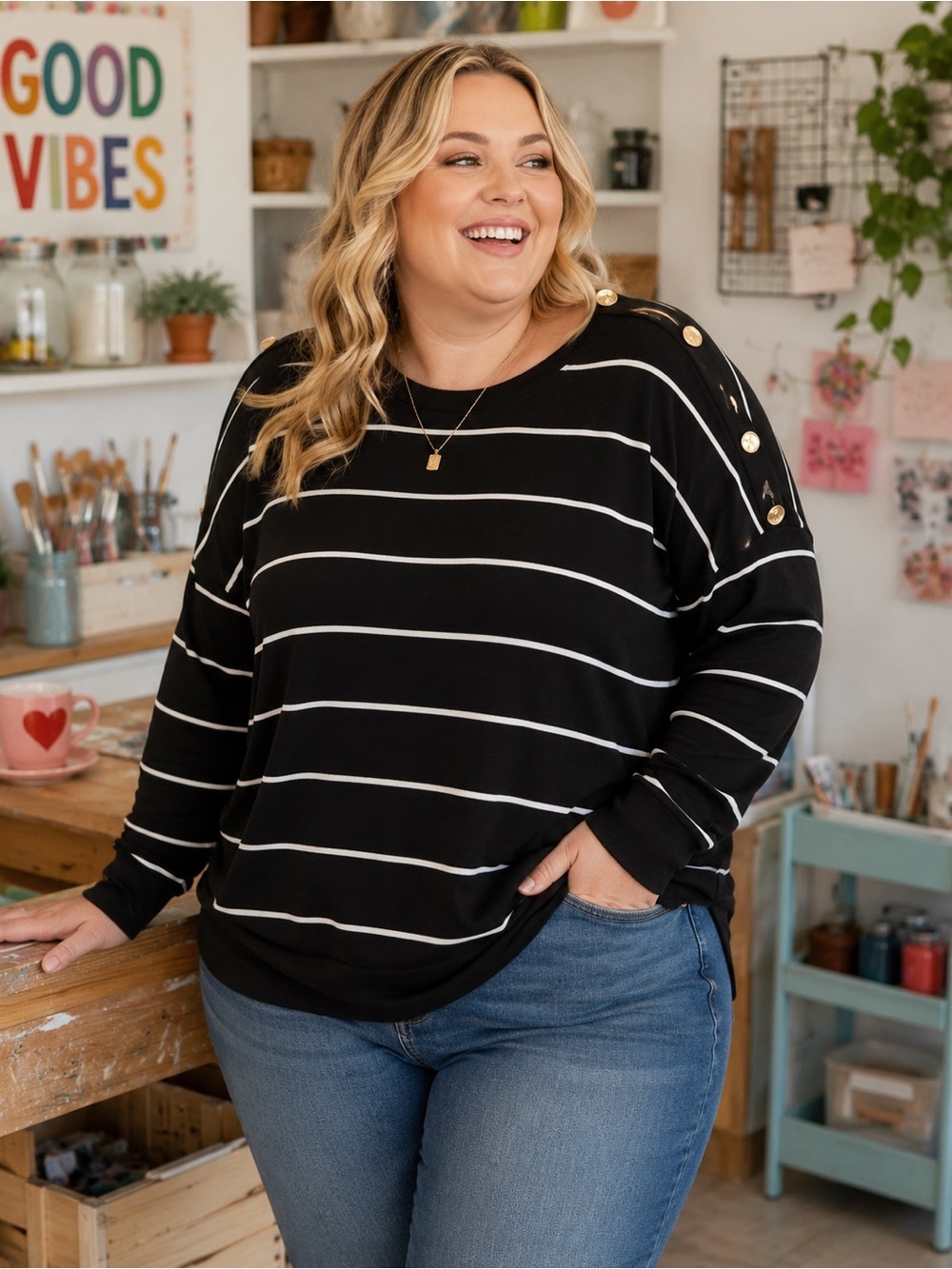 Reitmans Black & White Stripe Button Shoulder Sweater | 2X | Cotton Blend